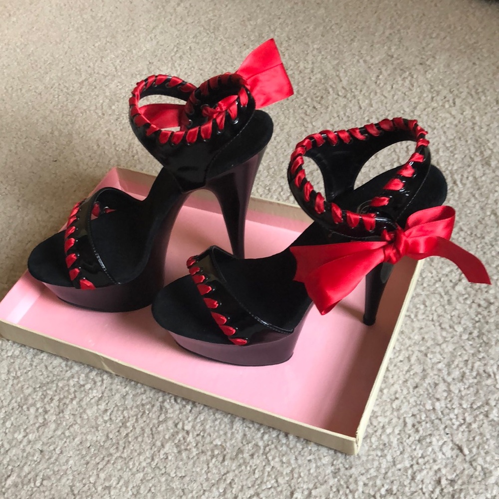 Pleaser Red & Black Ribbon Laced Heels size 7